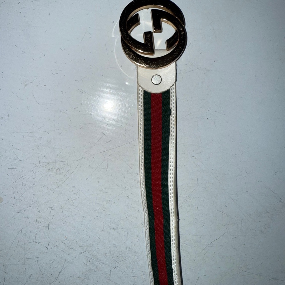 Gucci Gold Logo Keychain with White and Green Strap